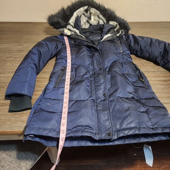 1 Madison Down-Filled Faux Fur Hooded Parka Jacket Navy signs of wear XS - Picture 2 of 16